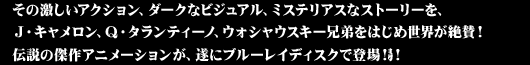 その激しいアクション、ダークなビジュアル、ミステリアスなストーリーを、
J・キャメロン、Q・タランティーノ、ウォシャウスキー兄弟をはじめ世界が絶賛！
伝説の傑作アニメーションが、遂にブルーレイーディスクで登場！