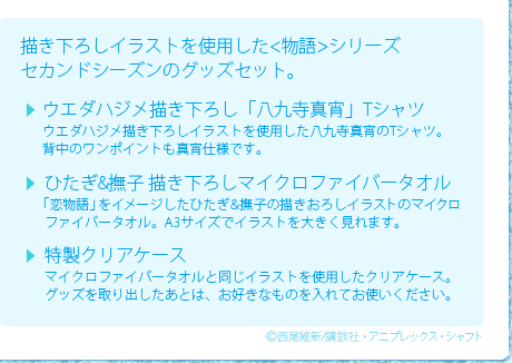 描き下ろしイラストを使用した<物語>シリーズセカンドシーズンのグッズセット。/ウエダハジメ描き下ろし「八九寺真宵」Tシャツ/ひたぎ&撫子 描き下ろしマイクロファイバータオル/特製クリアケース