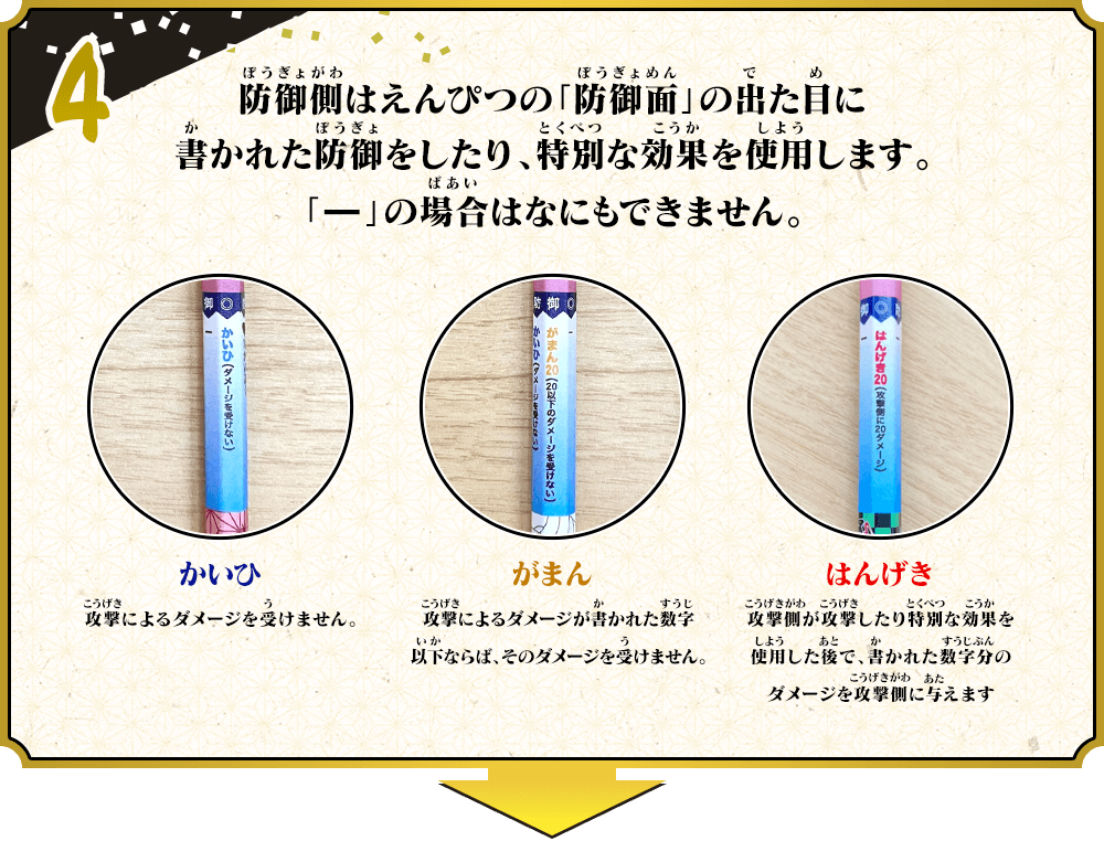 4、防御側はえんぴつの「防御面」の出た目に書かれた防御をしたり、特別な効果を使用します。
　「ー」の場合はなにもできません。

　かいひ：攻撃によるダメージを受けません。
　がまん：攻撃によるダメージが書かれた数字以下ならば、そのダメージを受けません。
　はんげき：攻撃側が攻撃したり特別な効果を使用した後で、攻撃側に書かれた数字文のダメージを与えます。